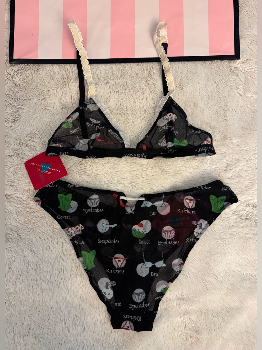LA PERLA VINTAGE 90s LINGERIE SET LACE BRA & PANTY BLACK SWEET TREATS NWT M/34